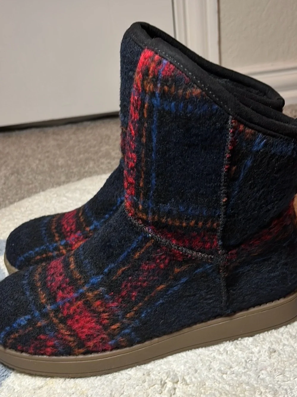 Indigo Plaid Winter Boots - Black, Red & Blue Accents